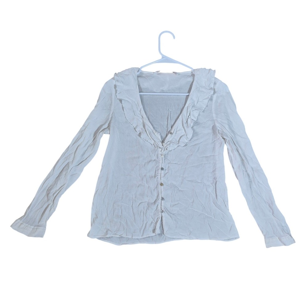 Zara Trafaluc White Ruffle V-Neck Button Up Blouse Long Sleeve Top Womens Size M